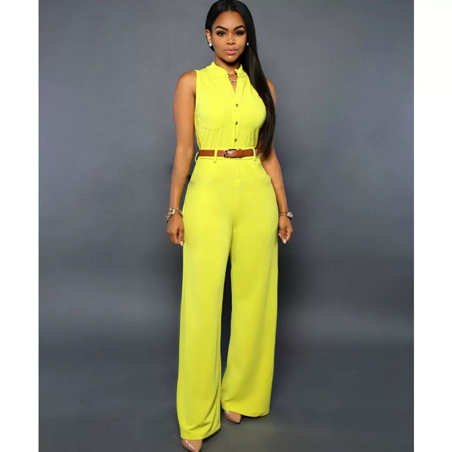 Wide Leg Jumpsuits with Belt Single-Breasted High Waist Loose Pants Jumpsuit 2197