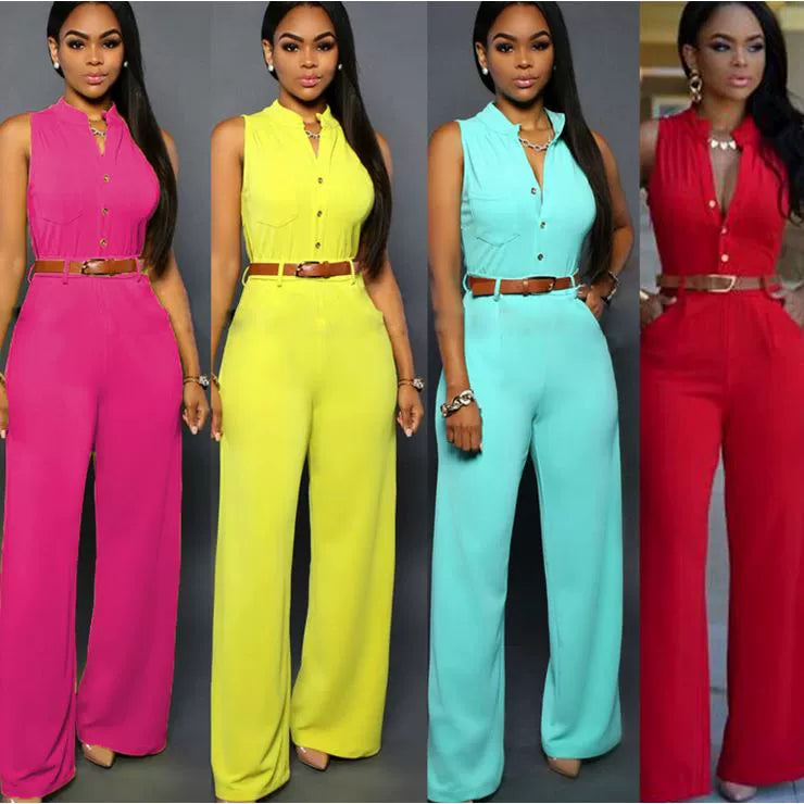 Wide Leg Jumpsuits with Belt Single-Breasted High Waist Loose Pants Jumpsuit 2197