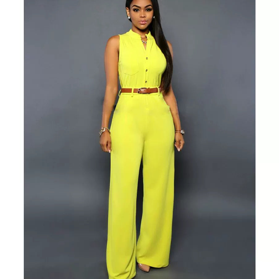 Wide Leg Jumpsuits with Belt Single-Breasted High Waist Loose Pants Jumpsuit 2197