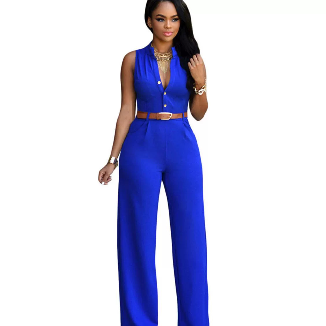 Wide Leg Jumpsuits with Belt Single-Breasted High Waist Loose Pants Jumpsuit 2197