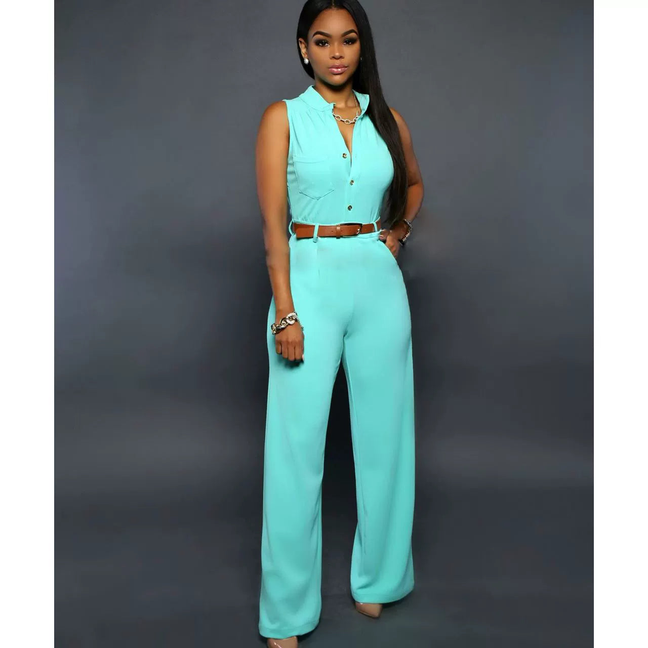 Wide Leg Jumpsuits with Belt Single-Breasted High Waist Loose Pants Jumpsuit 2197