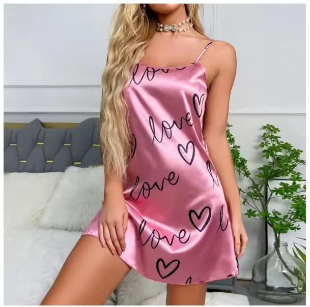 Sleepwear Women's Sexy Lingerie Heart Print Nightdress Scoop Neck Criss Cross Back Sleepdress Nightgowns Pajamas Nighties