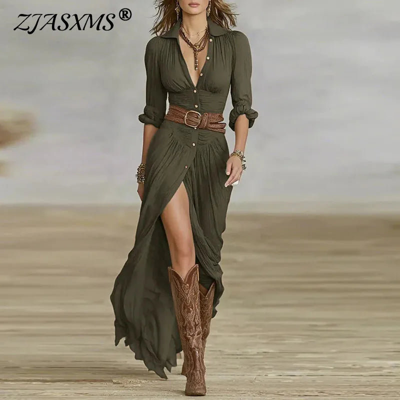Female Clothing Fashion Solid Lapel Button Pleated Irregular Dress Woman Autumn Long Sleeve Belted Slim Split Long Dresses Mujer