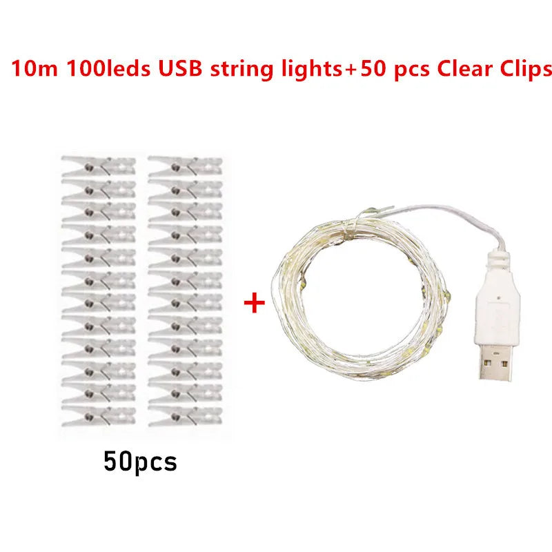 LED String Lights 2M/5M/10M Photo Clip Fairy Lights Outdoor USB Operated Garland Christmas Tree Decoration Wedding Decor
