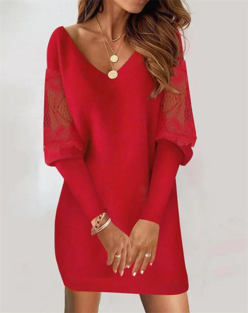 2024 Fashion Sexy V-Neck Mini Dress Vestidos Elegant Women's Autumn Winter Casual Loose Lace Long Sleeve Office Lady Dress Robe