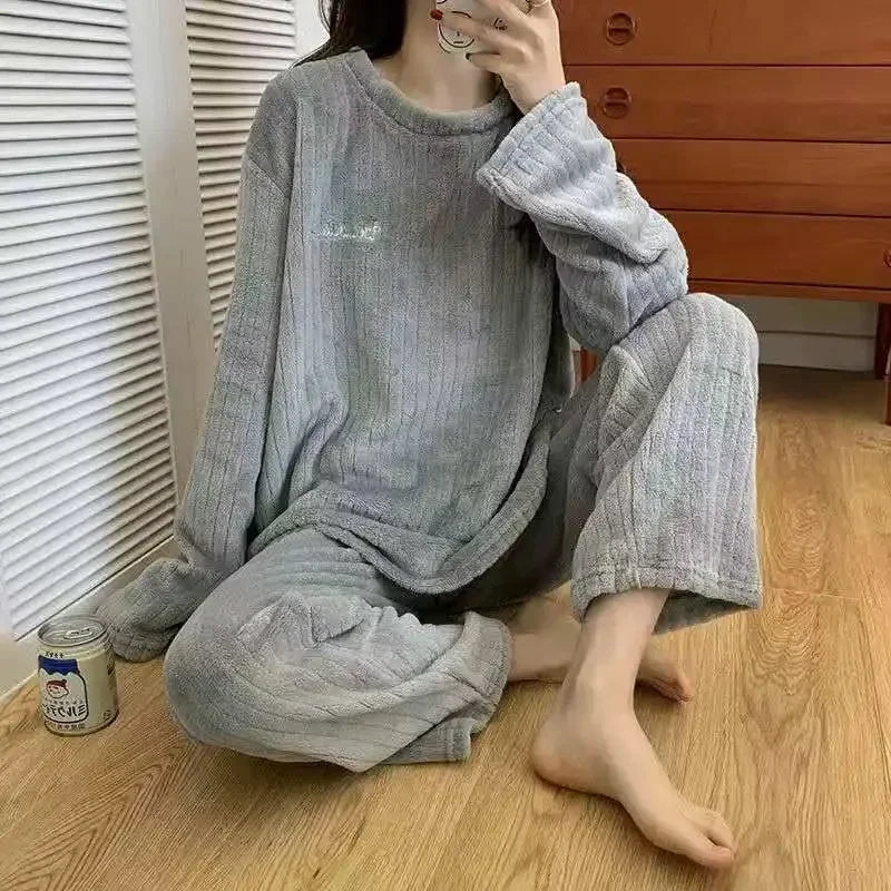 2 Piece Sets Autumn Women Solid Warm Thicken Velvet Ribbed Fleece Set Pullover and Pants Women Casual Pajama Sets