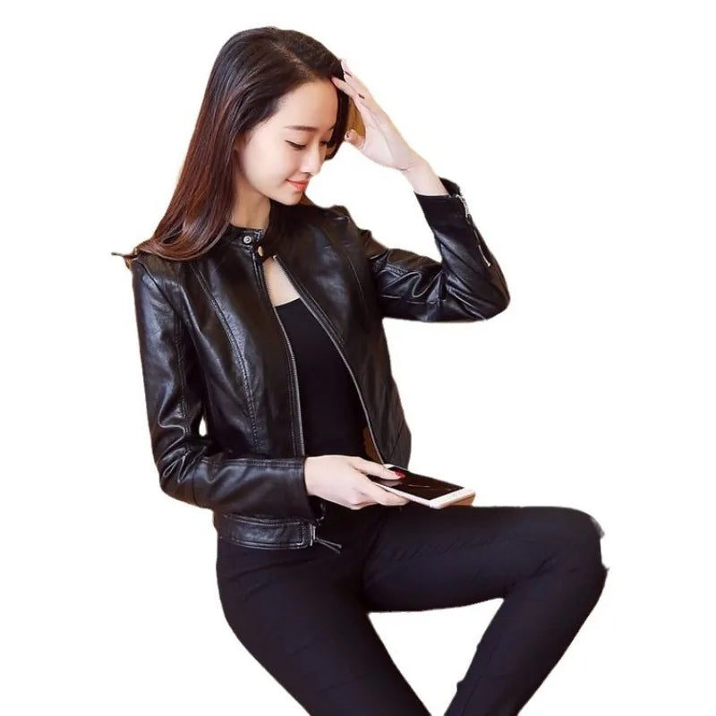 Spring and Autumn New Korean Style Large Size PU Motorcycle Leather Jacket Leather Coat Women Slim Short Small Coat Leather Coat