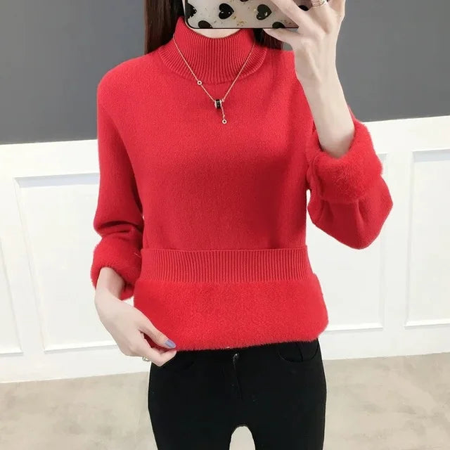 Winter Thicken Half Turtleneck Sweater Women Pulls Oversized 4xl Sueter Warm Knit Tops Velvet Lined Slim Soft Knitwears Pullover