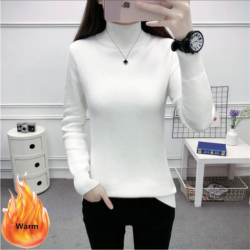 Winter Thicken Half Turtleneck Sweater Women Pulls Oversized 4xl Sueter Warm Knit Tops Velvet Lined Slim Soft Knitwears Pullover