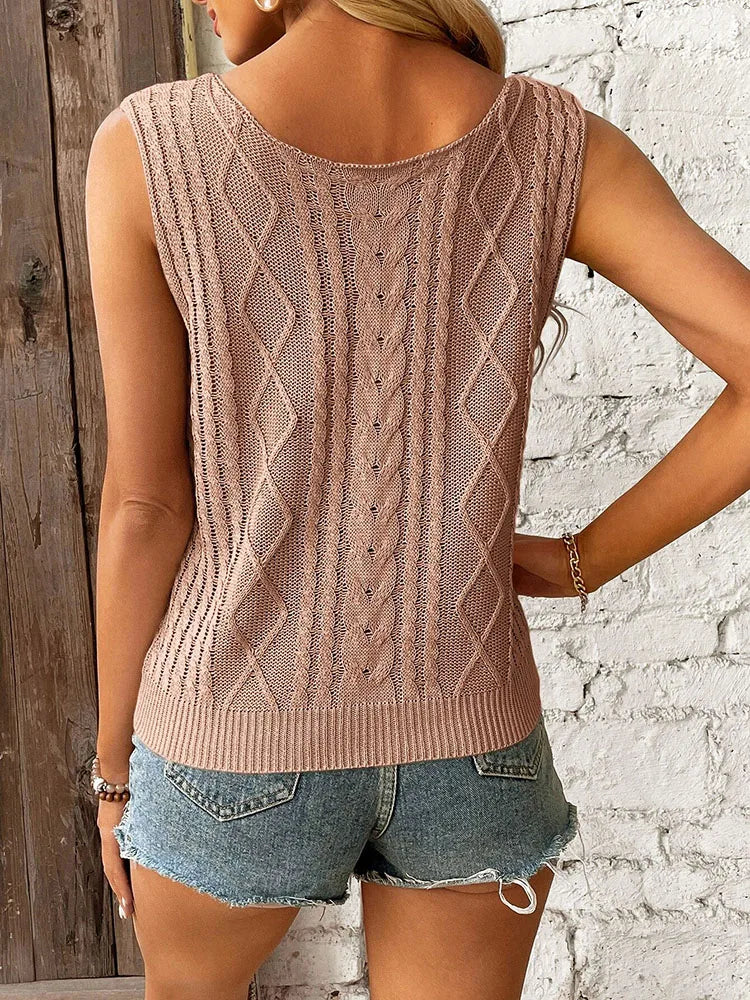 Summer Elegant Vest Diamond Fried Dough Twists V-neck Knit Solid Sweater Top Commuter Women's Wear
