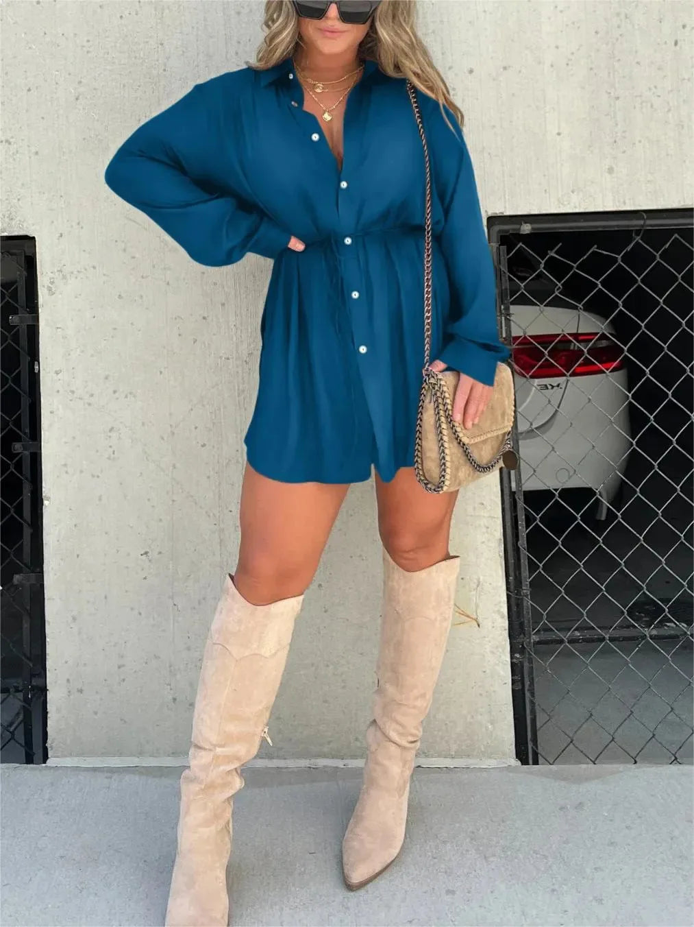 Autumn Women's New Fashion Solid Color Long Sleeved Single Breasted Lace Up Waist Cinching Shirt Short Pants Two-piece Set