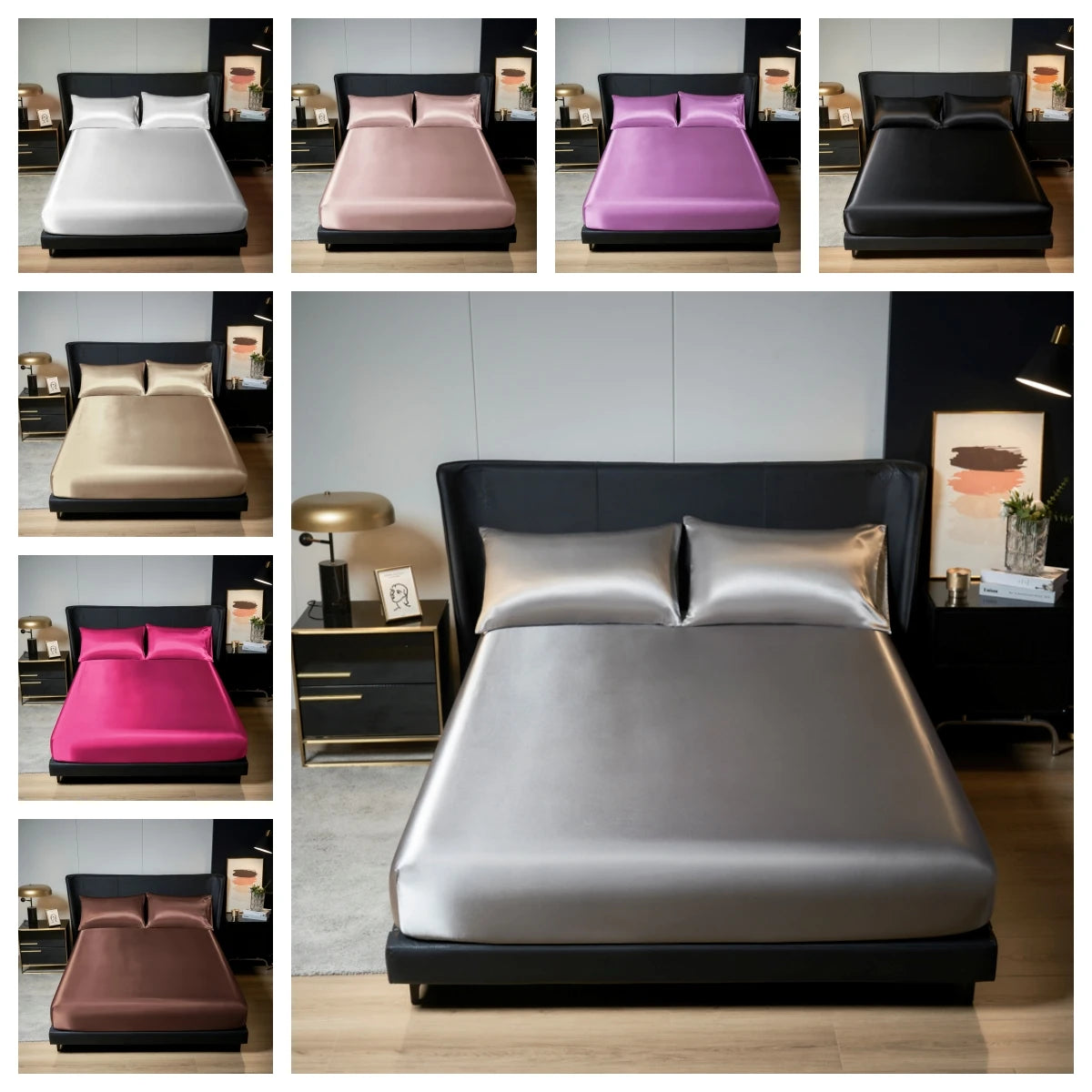 UPzo 100%Polyester 1pcs satin surface Bedding Fitted Sheet(No pillowcase)Elastic Band Around Mattress Cover King Bed Cover Sheet