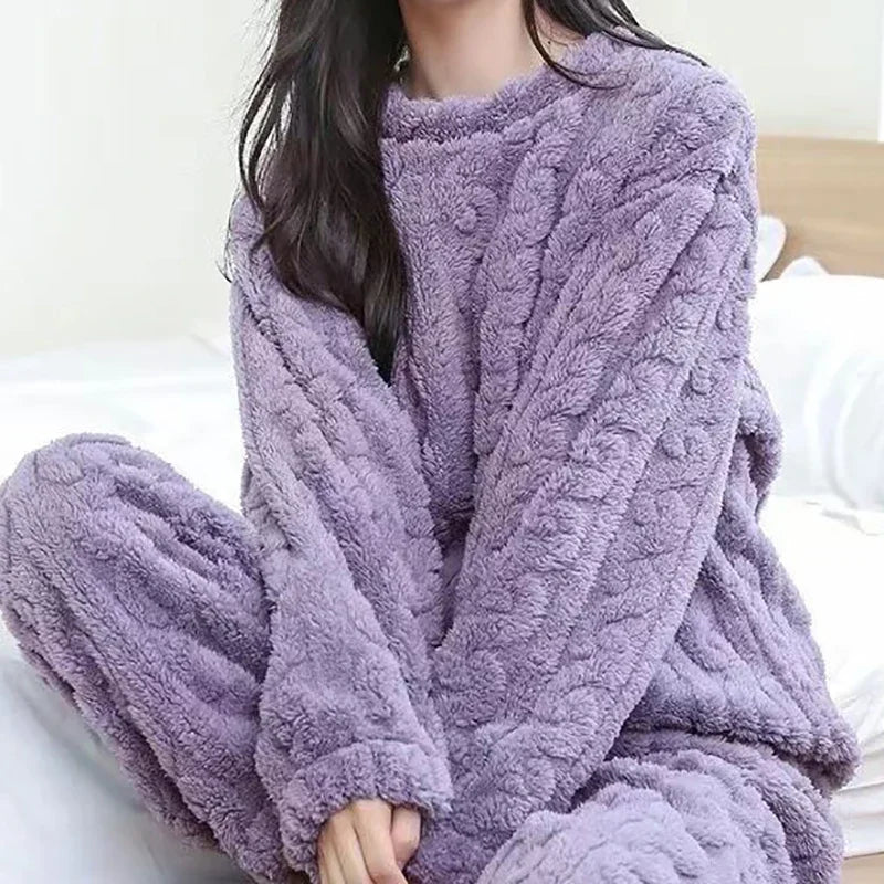 2 Piece Sets Autumn Women Solid Warm Thicken Velvet Ribbed Fleece Set Pullover and Pants Women Casual Pajama Sets