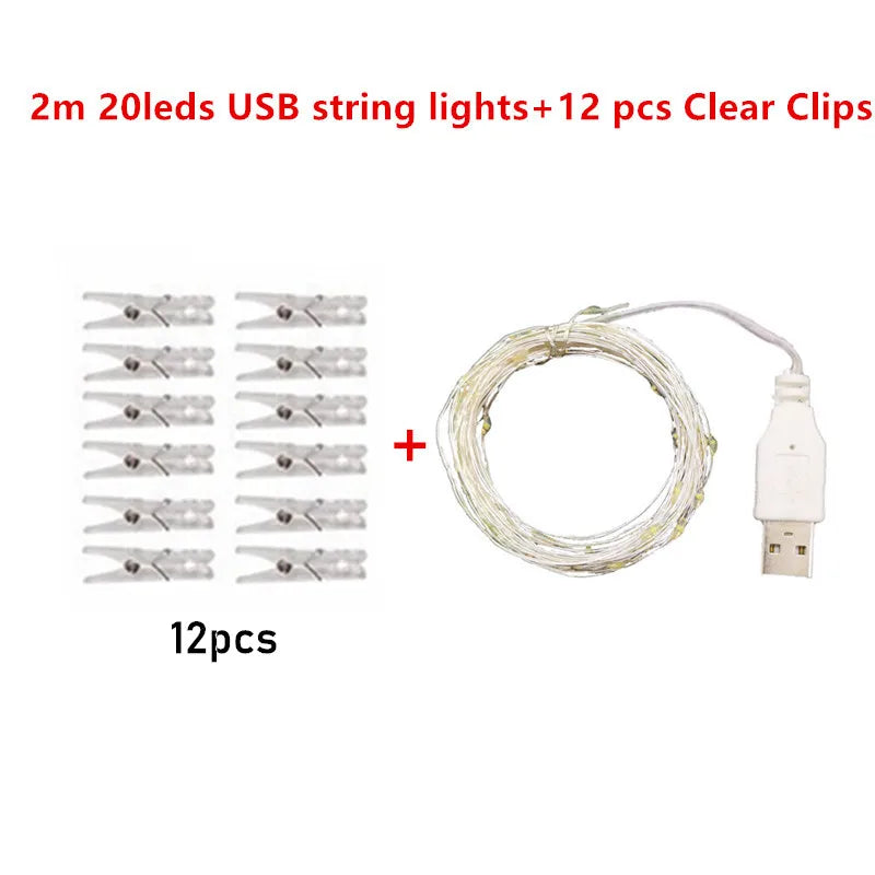 LED String Lights 2M/5M/10M Photo Clip Fairy Lights Outdoor USB Operated Garland Christmas Tree Decoration Wedding Decor