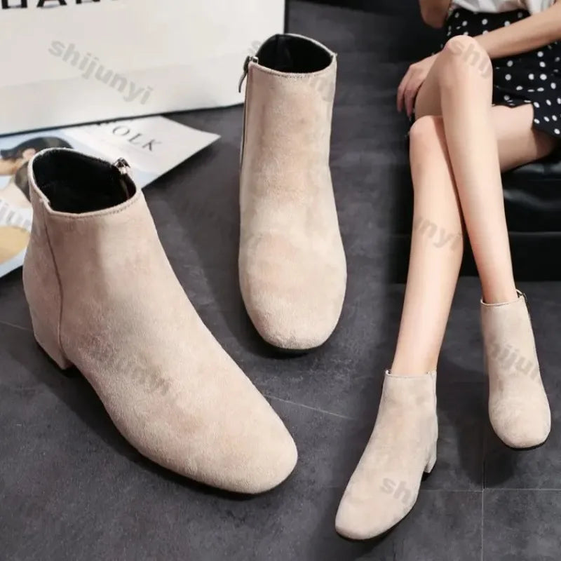 Women Suede Ankle Boots Chunky Heels Autumn New Fashion Mid-heel Shoes Women Trend Snow Boots Elegant Walking Goth Botas Mujer