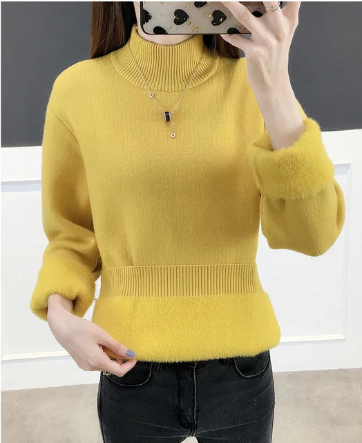 Winter Thicken Half Turtleneck Sweater Women Pulls Oversized 4xl Sueter Warm Knit Tops Velvet Lined Slim Soft Knitwears Pullover