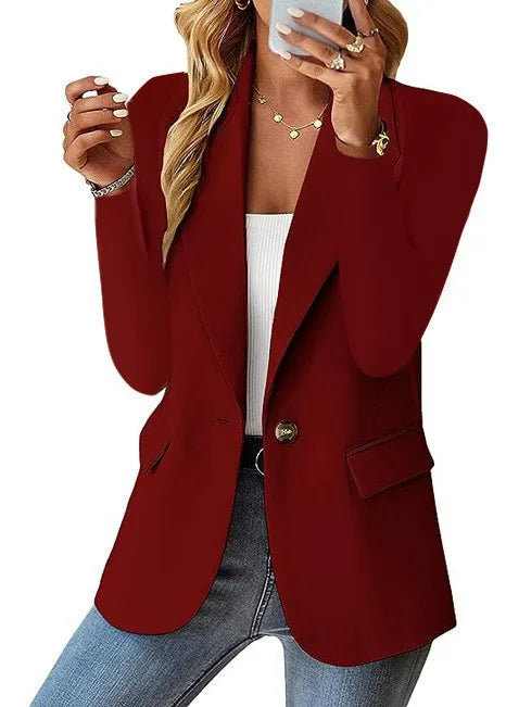 Europe and The United States Fashion Solid Color Single Button Suit Jacket, Women's Autumn Leisure Slim Small Suit with Pockets
