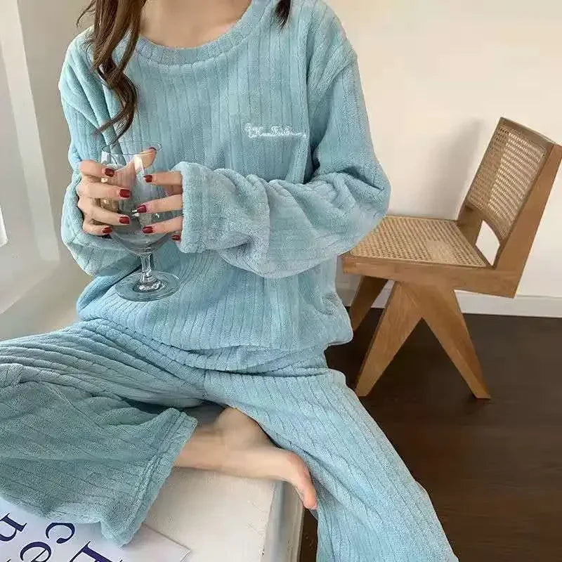 2 Piece Sets Autumn Women Solid Warm Thicken Velvet Ribbed Fleece Set Pullover and Pants Women Casual Pajama Sets