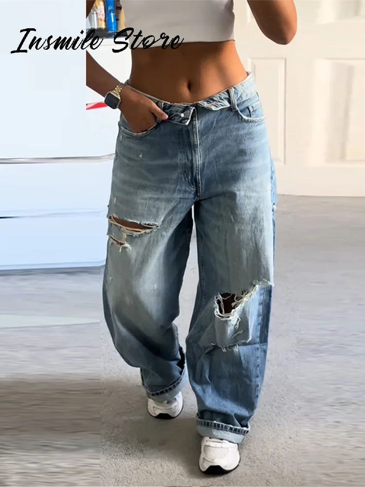 Chic Ripped Zipper Blue jeans Women Low Waist Pocket Female Wide Leg Denim Pants 2025 Autumn Loose Street Lady Trousers New