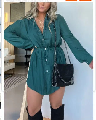 Autumn Women's New Fashion Solid Color Long Sleeved Single Breasted Lace Up Waist Cinching Shirt Short Pants Two-piece Set