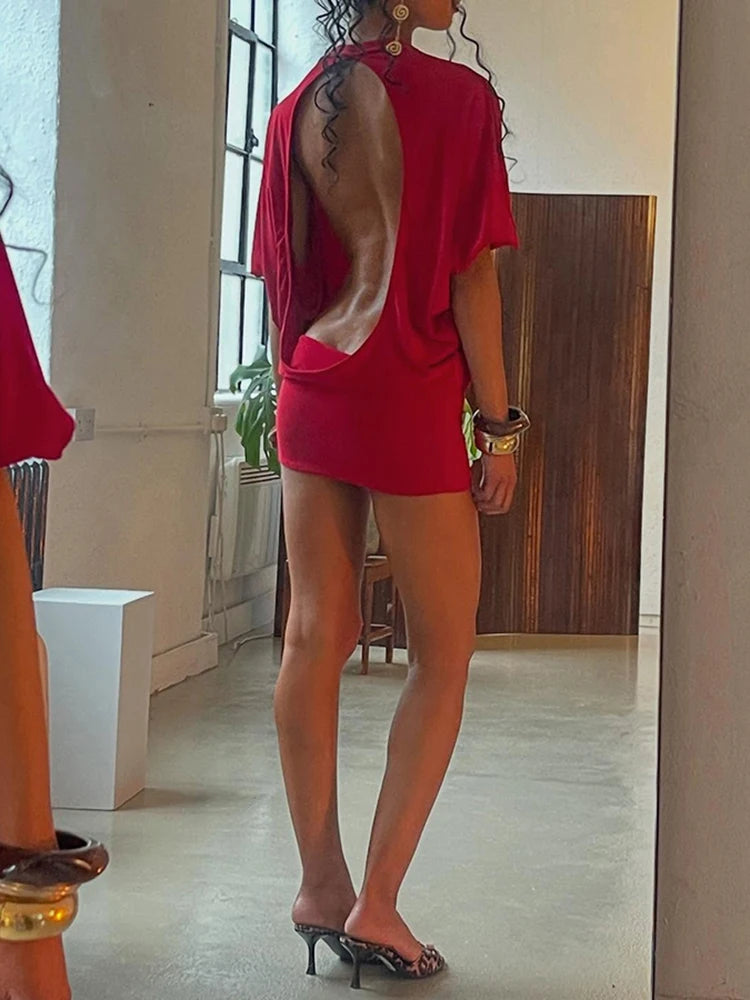 Sisterlinda Solid Backless Mini Dress Sexy Half Sleeve Crew Neck Slim Vestidos Attractive Coquette Skinny Mujer Party Bodycon