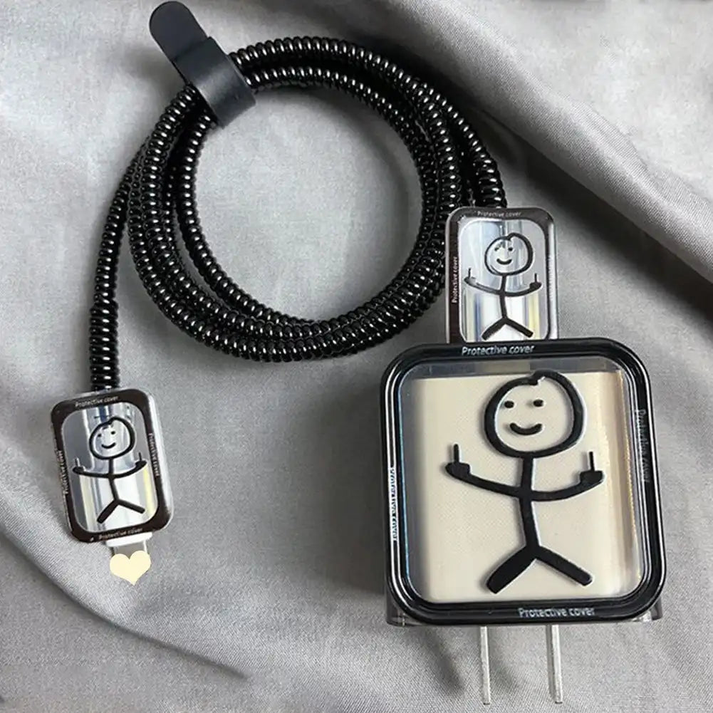 Creative Line Cute Case for iPhone 15 14 13 Pro Max 18/20W Charger Charging Protector Data Wire Winder Simple Line Art Cover