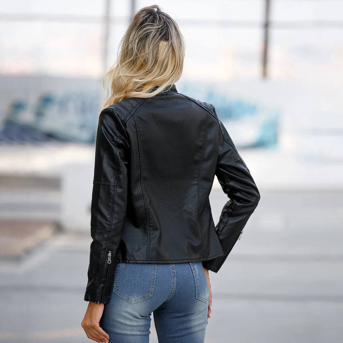 Women's Slim Fit Leather Jacket with Motorcycle Suit, Large Standing Collar, Autumn Black zipper outdoor leather top