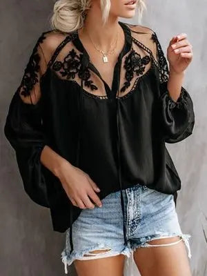 Women Chiffon White Pullover Shirt Casual Lace Patchwork Casual Loose Black Autumn Spring Offcie Lady Blouse Tops Fall Blusas