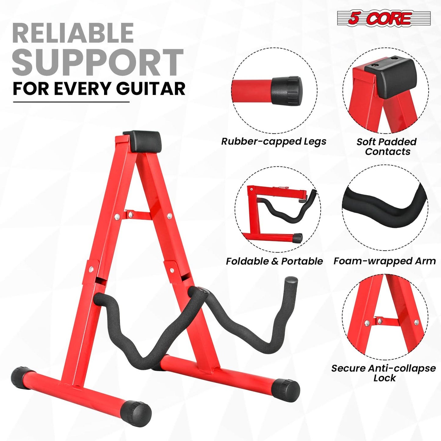 5 Core Guitar Stand A Frame Shape w Soft Foam Arm Non Slip Rubber for Acoustic Electric Bass Ukulele-1