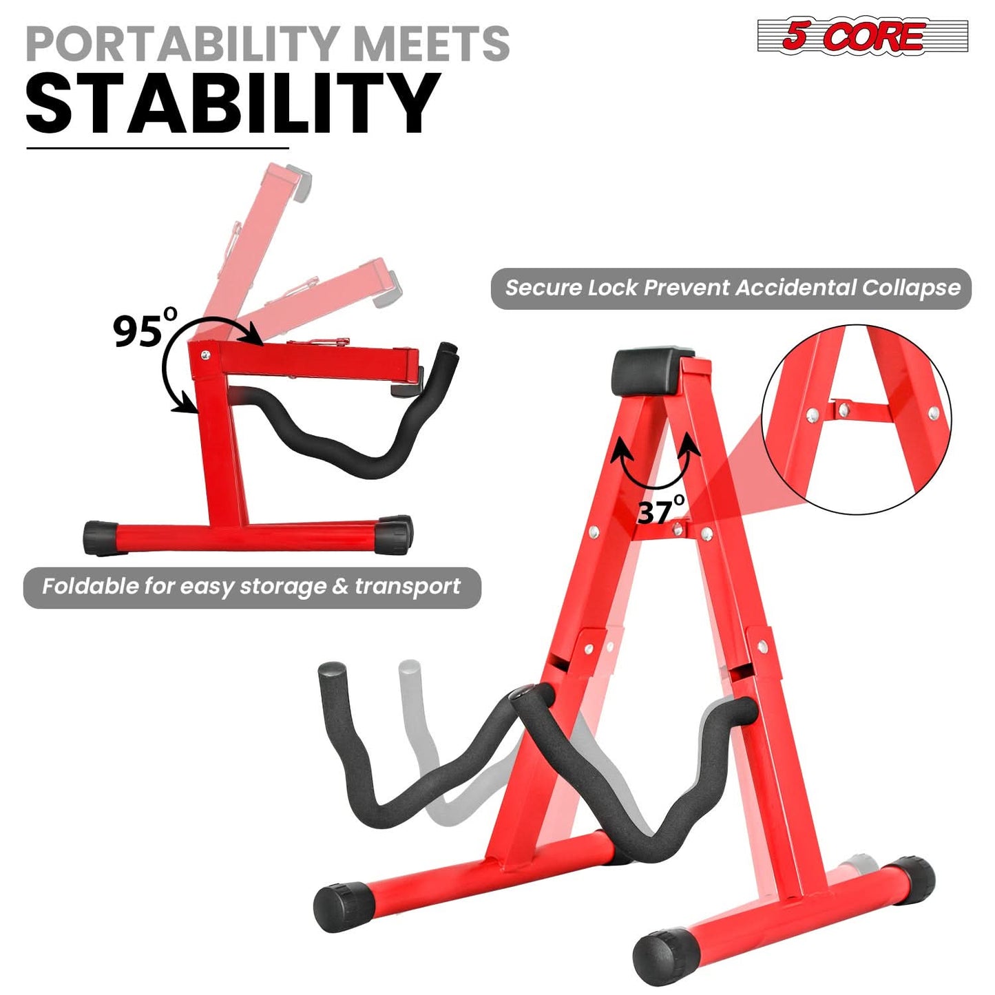 5 Core Guitar Stand A Frame Shape w Soft Foam Arm Non Slip Rubber for Acoustic Electric Bass Ukulele-3