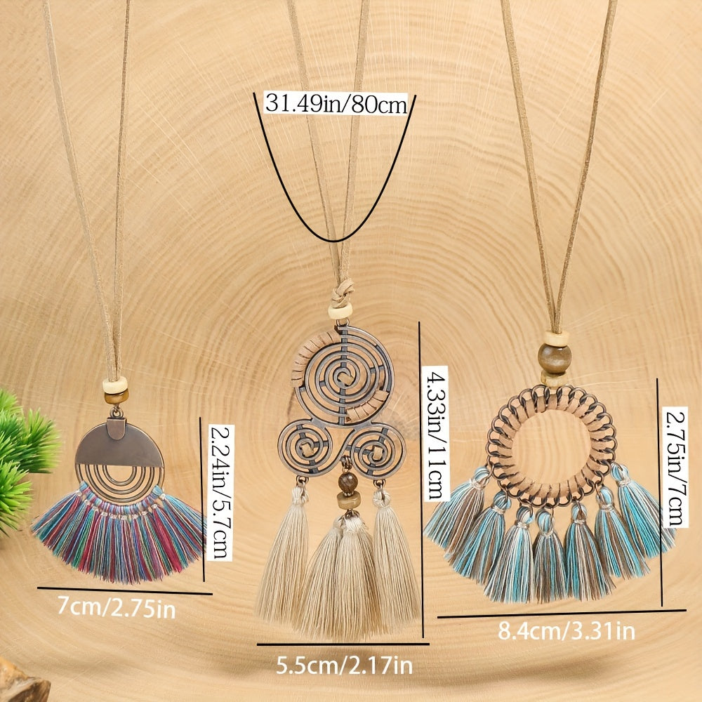 Boho-Chic 3pcs Set: Vintage-Inspired Tassel & Flower Pendant Necklaces with Rhinestone Accents - Zinc Alloy, Antique Bronze Finish for Casual Attire