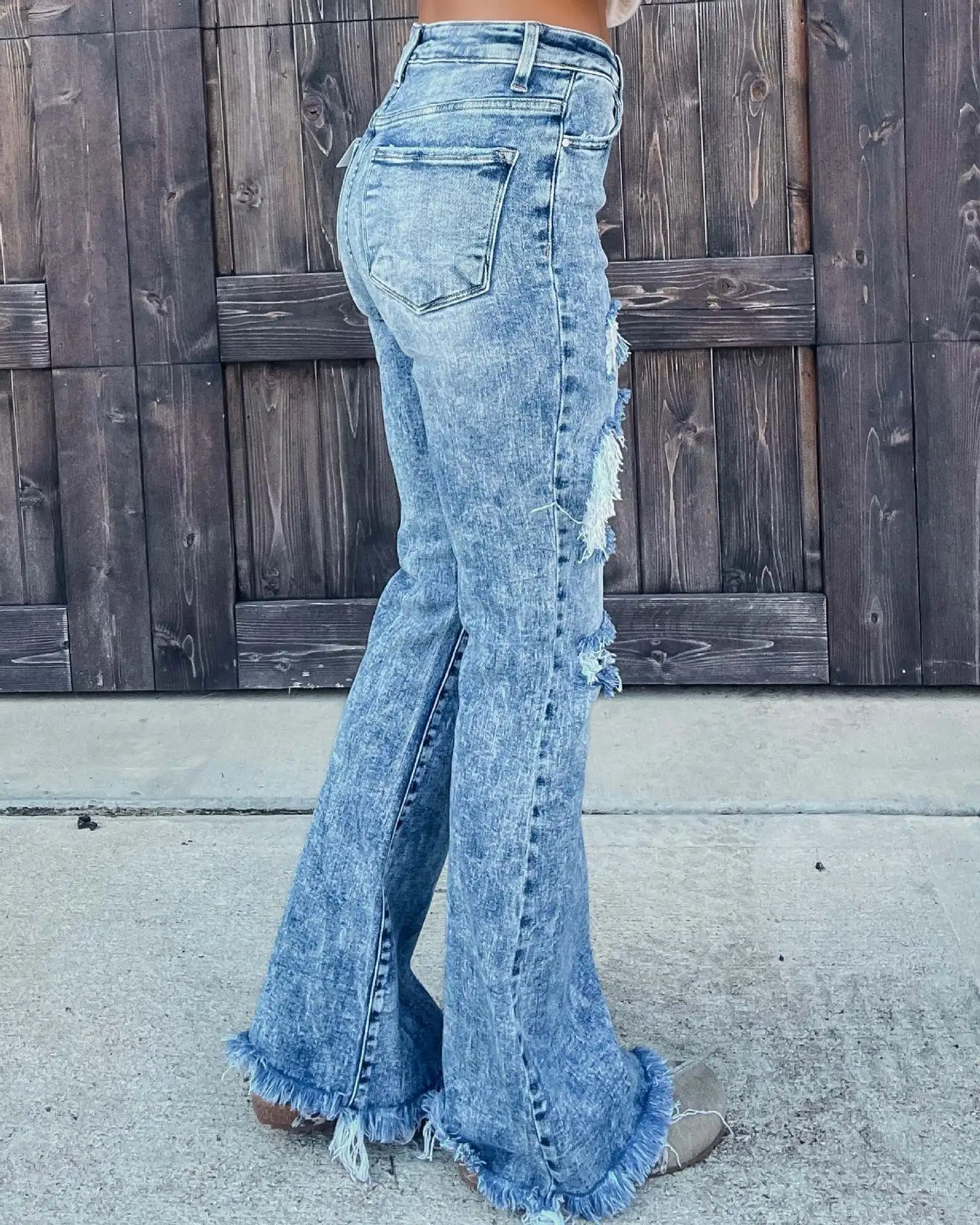 Womens Ripped Fringed Clothes Straight Trousers Ladies Blue Loose Wide Leg Mop Flared Pants Women's Baggy Casual Denim Jeans