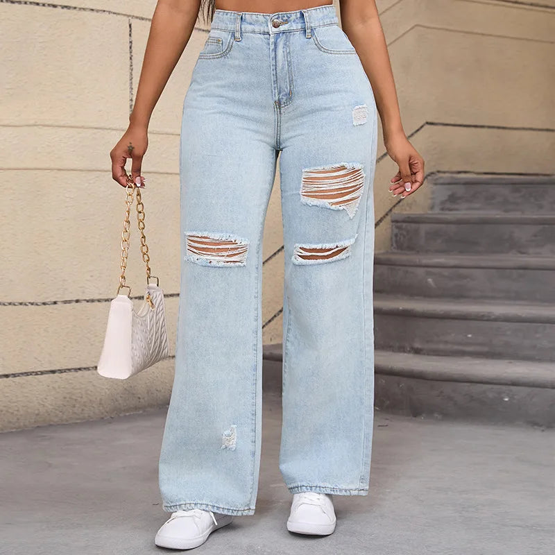 New Design Women's Jean Pants High Waist Straight Leg Denim Pants Female Jeans Trousers Ripped Distressed Denim Pants