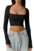 Women Spring Europe Nightclub Long Sleeve T-shirt Sexy Style Low-cut Square Collar Women's Crop Tops Solid Color Top T-shirt