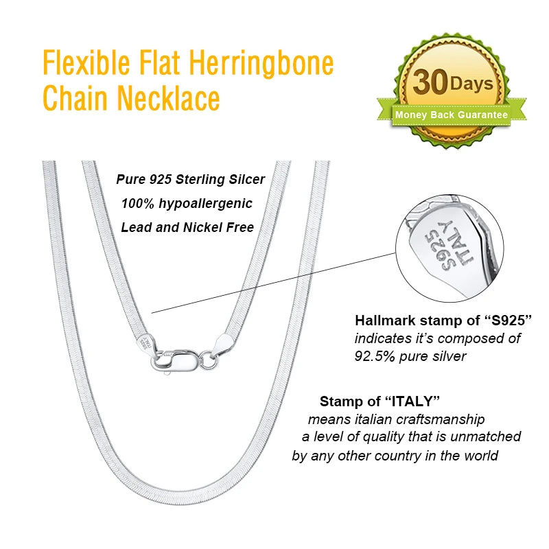 BSC35-3 Rhodium Over Genuine 925 Sterling Silver Italian Solid 3mm Flexible Flat Herringbone Chain Necklace for Men Women