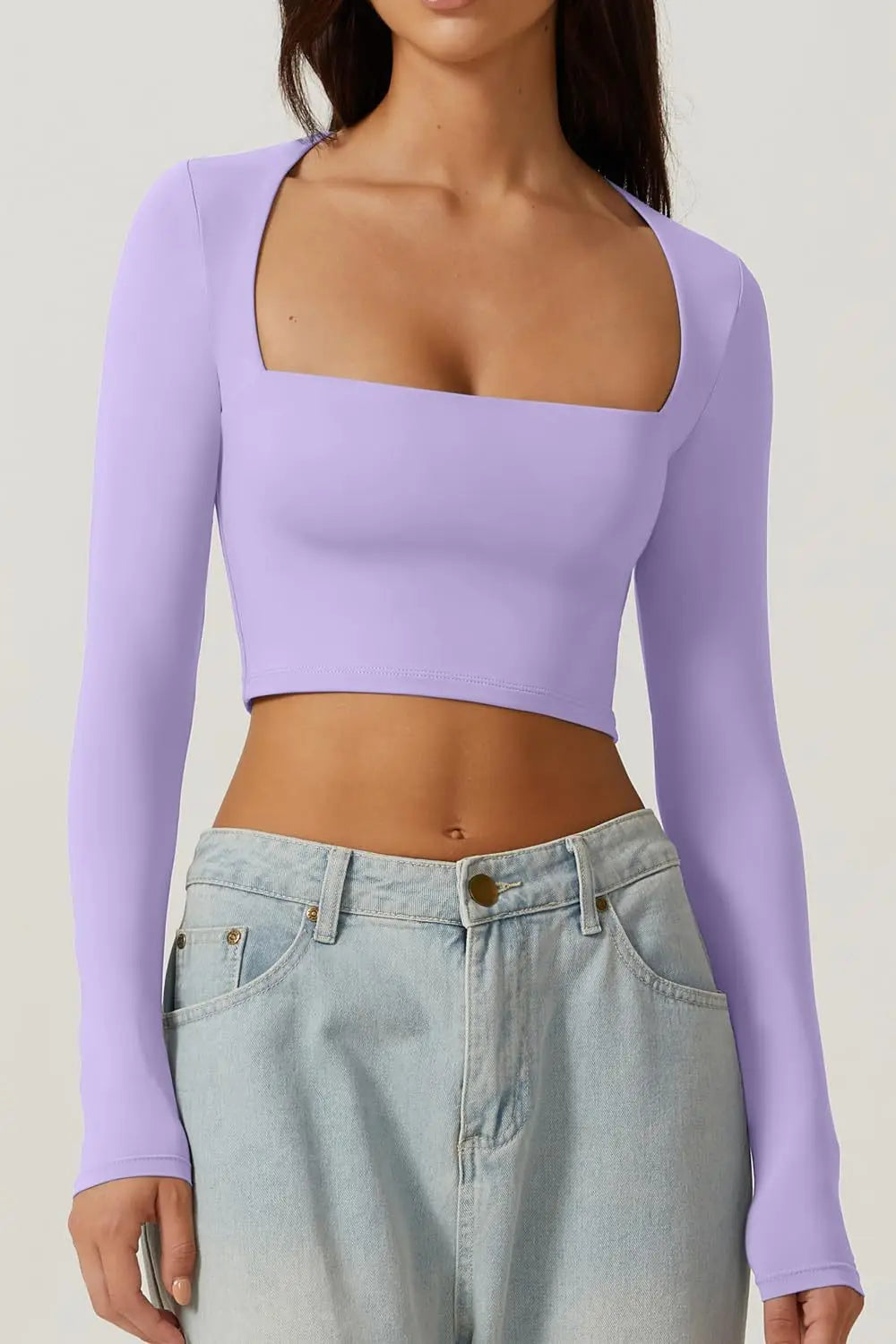 Women Spring Europe Nightclub Long Sleeve T-shirt Sexy Style Low-cut Square Collar Women's Crop Tops Solid Color Top T-shirt