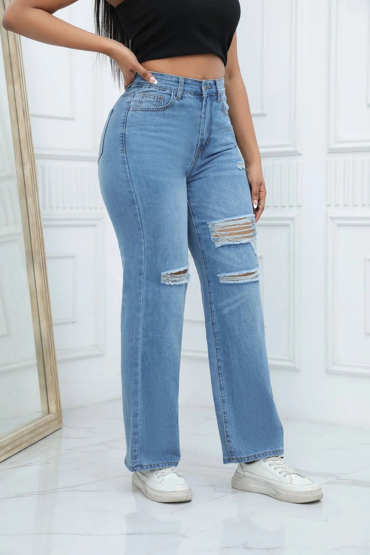 New Design Women's Jean Pants High Waist Straight Leg Denim Pants Female Jeans Trousers Ripped Distressed Denim Pants