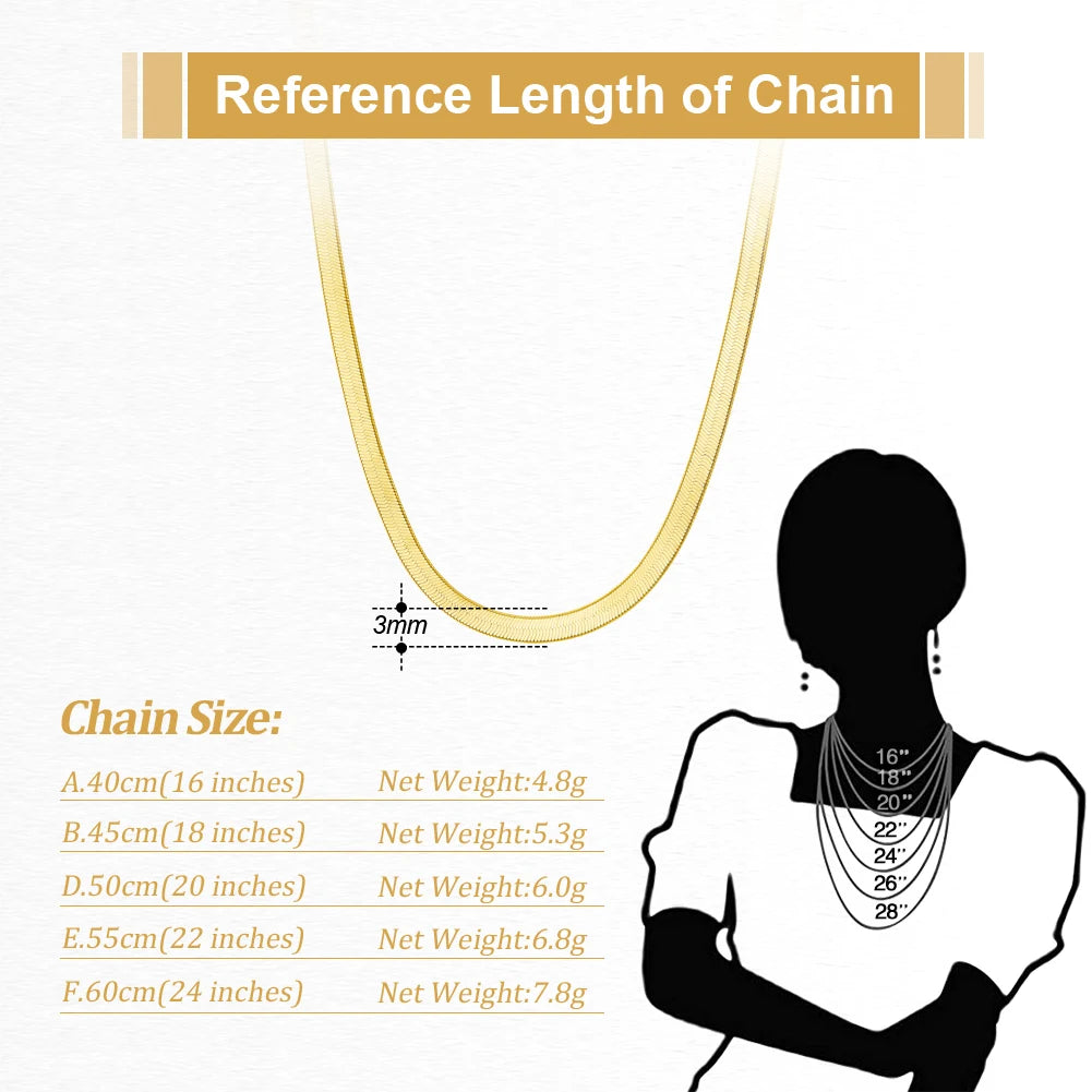 BSC35-3 Rhodium Over Genuine 925 Sterling Silver Italian Solid 3mm Flexible Flat Herringbone Chain Necklace for Men Women