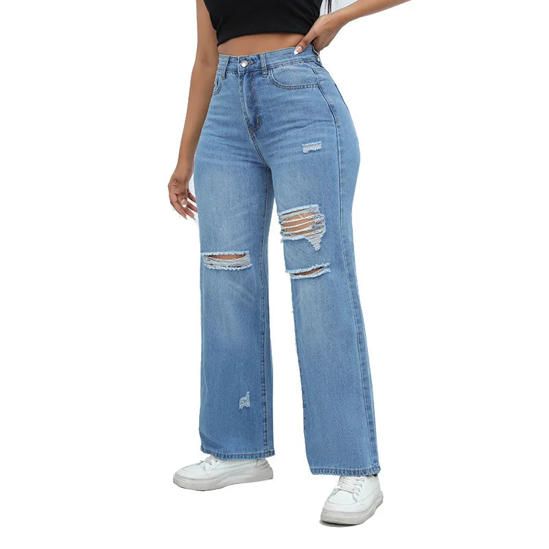 New Design Women's Jean Pants High Waist Straight Leg Denim Pants Female Jeans Trousers Ripped Distressed Denim Pants