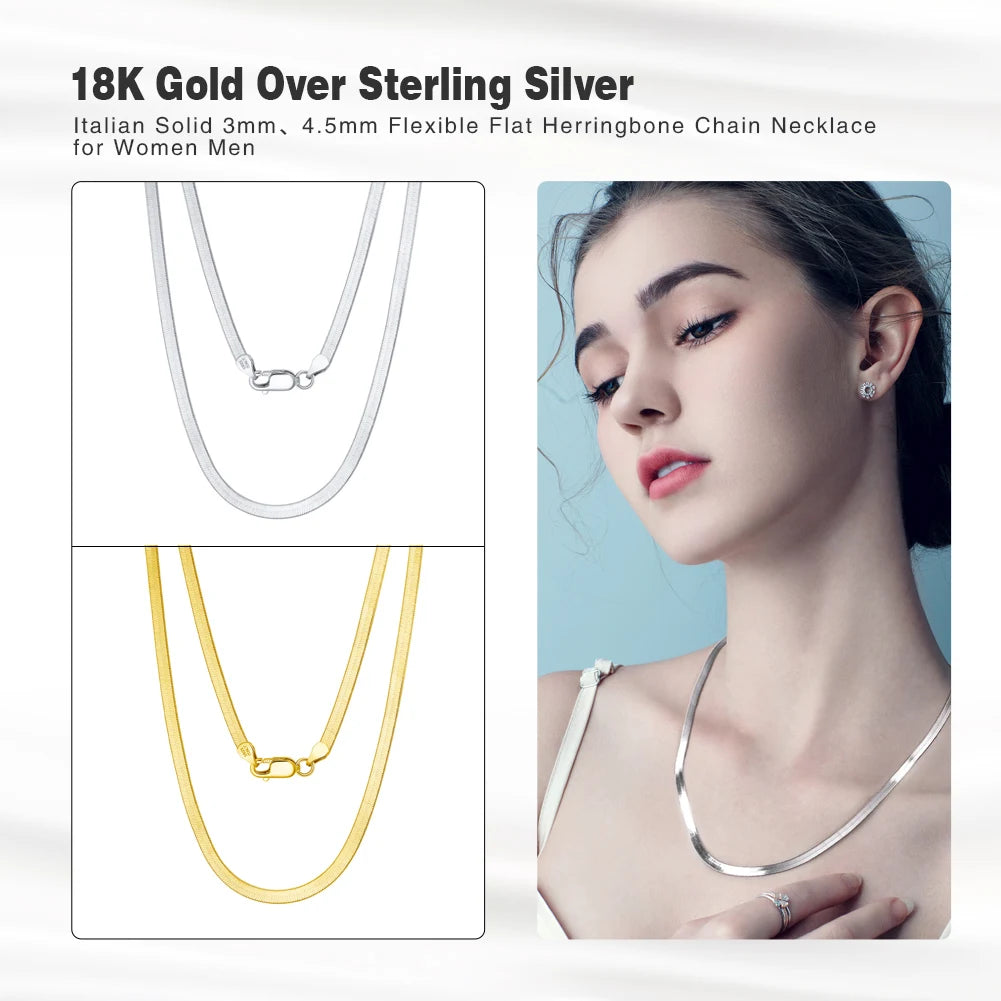 BSC35-3 Rhodium Over Genuine 925 Sterling Silver Italian Solid 3mm Flexible Flat Herringbone Chain Necklace for Men Women