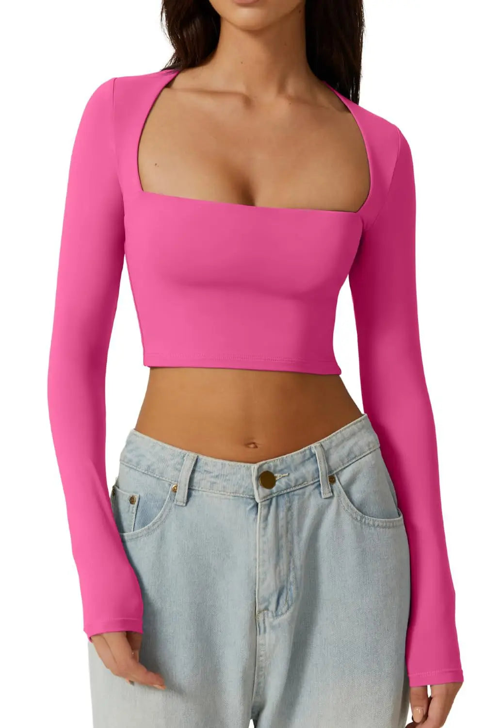 Women Spring Europe Nightclub Long Sleeve T-shirt Sexy Style Low-cut Square Collar Women's Crop Tops Solid Color Top T-shirt