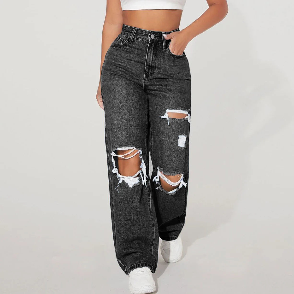 Hot Sale New Casual Wide Leg Ripped Straight Leg Women's Trousers Fashion Ladies Jean