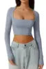 Women Spring Europe Nightclub Long Sleeve T-shirt Sexy Style Low-cut Square Collar Women's Crop Tops Solid Color Top T-shirt