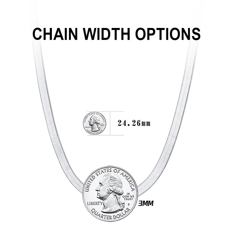 BSC35-3 Rhodium Over Genuine 925 Sterling Silver Italian Solid 3mm Flexible Flat Herringbone Chain Necklace for Men Women