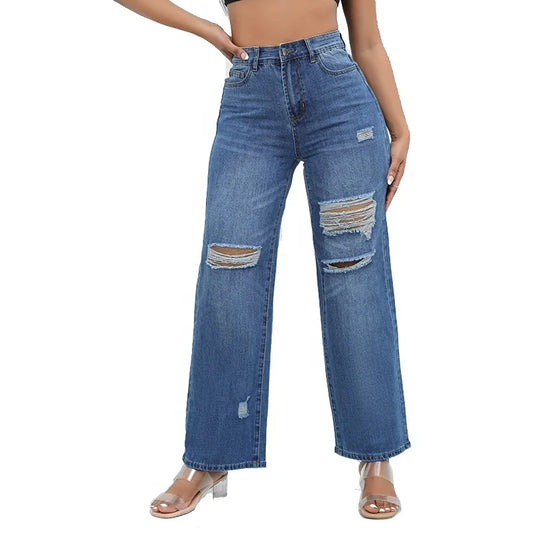 New Design Women's Jean Pants High Waist Straight Leg Denim Pants Female Jeans Trousers Ripped Distressed Denim Pants