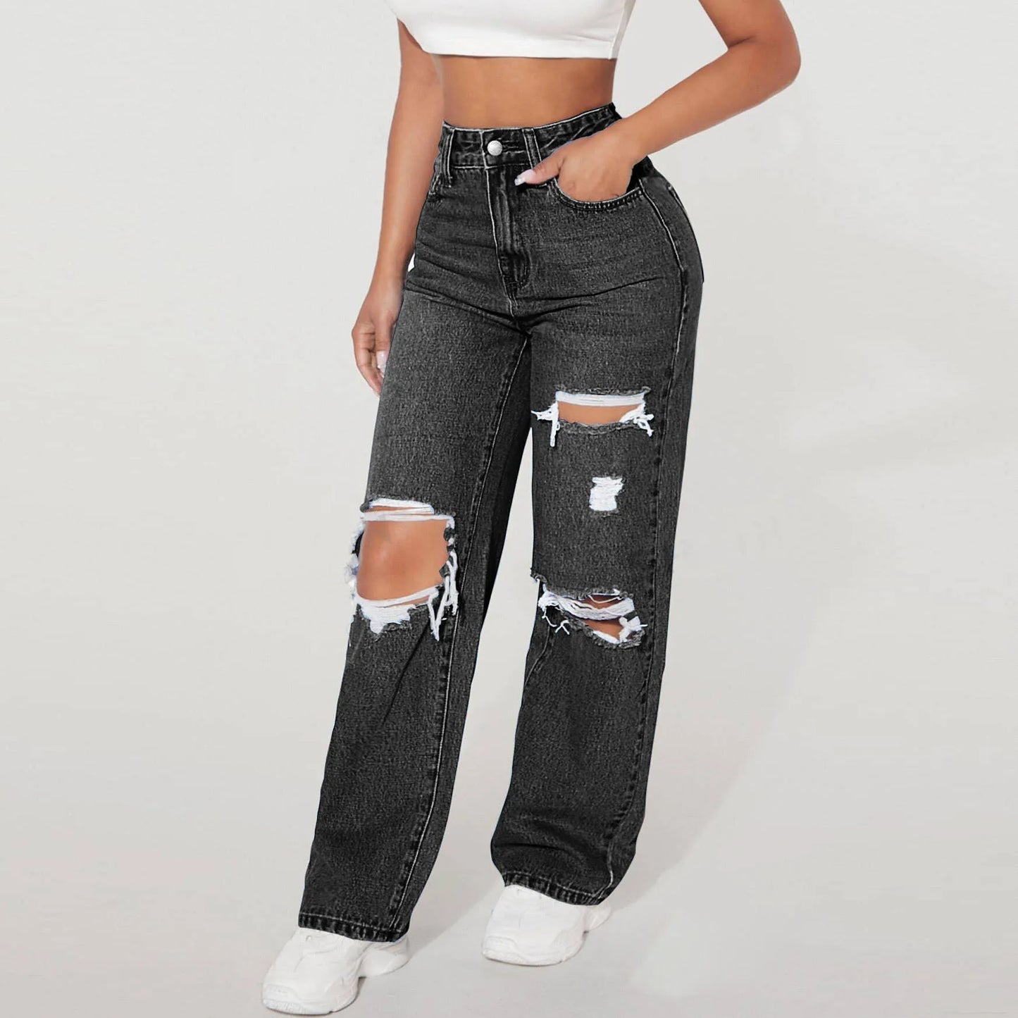 Hot Sale New Casual Wide Leg Ripped Straight Leg Women's Trousers Fashion Ladies Jean