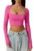 Women Spring Europe Nightclub Long Sleeve T-shirt Sexy Style Low-cut Square Collar Women's Crop Tops Solid Color Top T-shirt