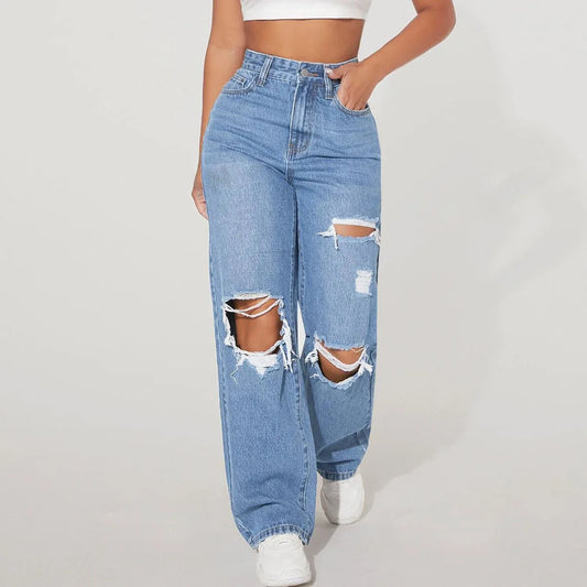 Hot Sale New Casual Wide Leg Ripped Straight Leg Women's Trousers Fashion Ladies Jean