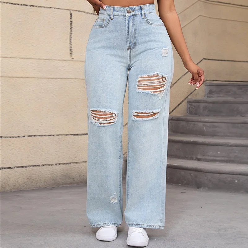New Design Women's Jean Pants High Waist Straight Leg Denim Pants Female Jeans Trousers Ripped Distressed Denim Pants