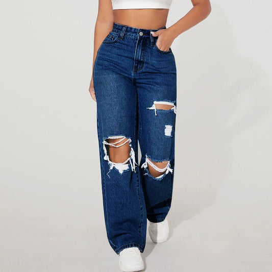 Womens Ripped Fringed Clothes Straight Trousers Ladies Blue Loose Wide Leg Mop Flared Pants Women's Baggy Casual Denim Jeans
